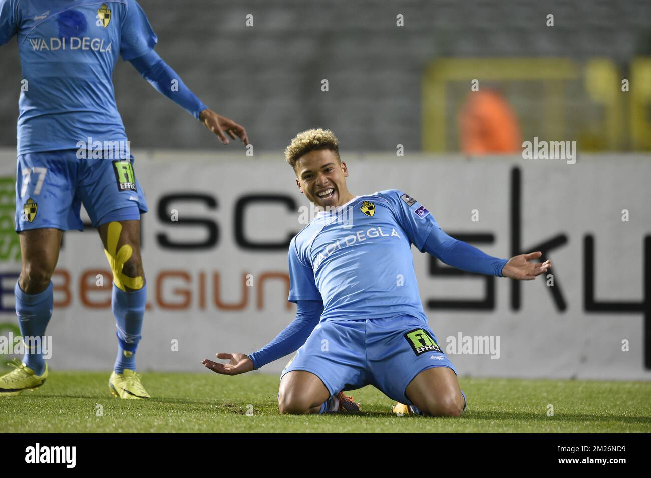 Manuel Hedilazio Benson de Lierse célèbre après avoir marqué le match Jupiler Pro League entre Union Saint-Gilloise et Lierse SK, à Bruxelles, le mardi 25 avril 2017, le 5 e jour du Play-off 2A du championnat belge de football. BELGA PHOTO JOHN THYS Banque D'Images