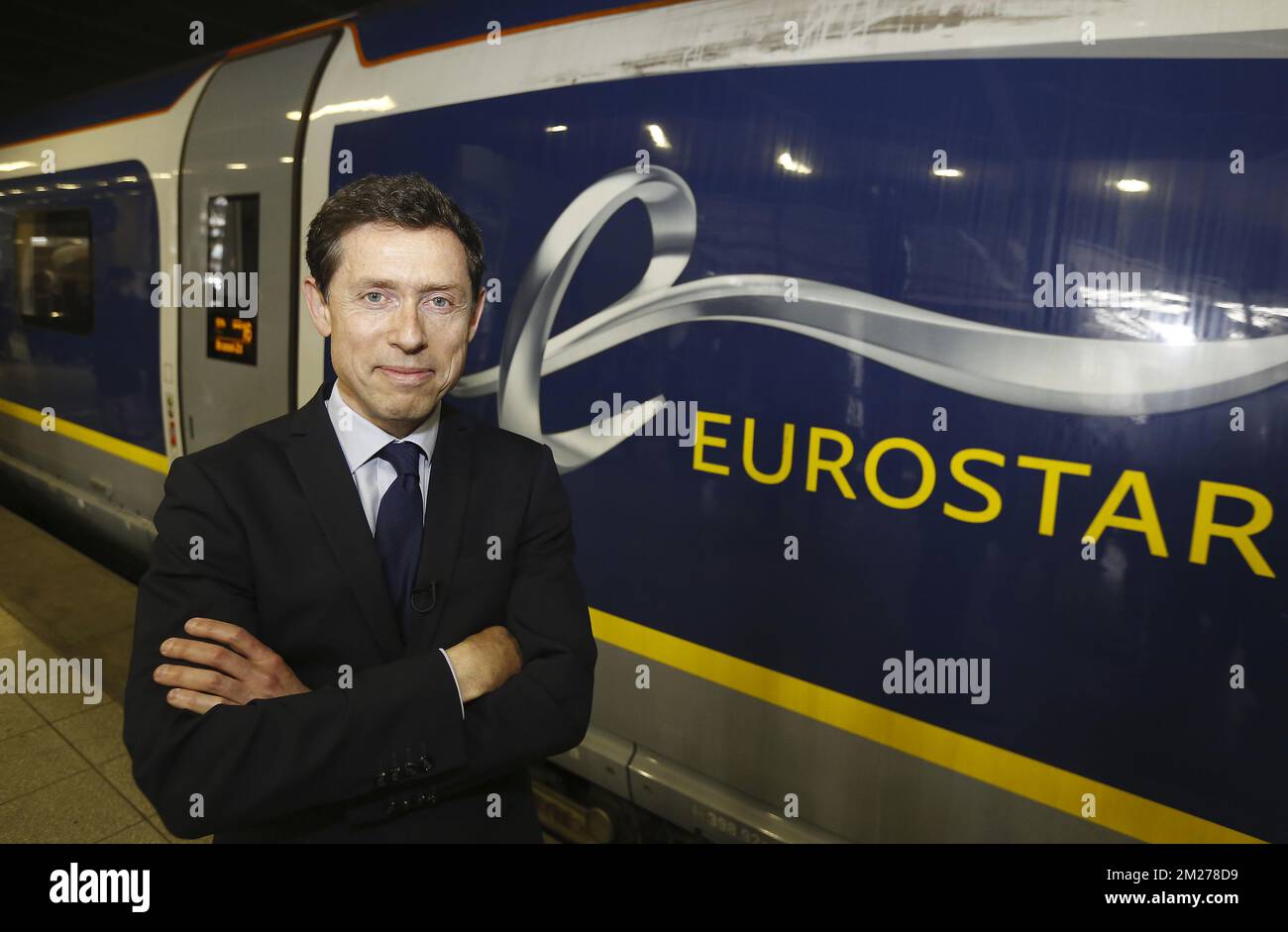 Le PDG d'Eurostar Nicolas Petrovic photographié lors d'une visite du premier train E320 de NMBS - SNCB, compagnie de chemin de fer belge et NS International et du terminal Eurostar rénové, mardi 23 mai 2017, à la gare de Bruxelles-Zuid/Bruxelles-midi. BELGA PHOTO NICOLAS MATERLINCK Banque D'Images