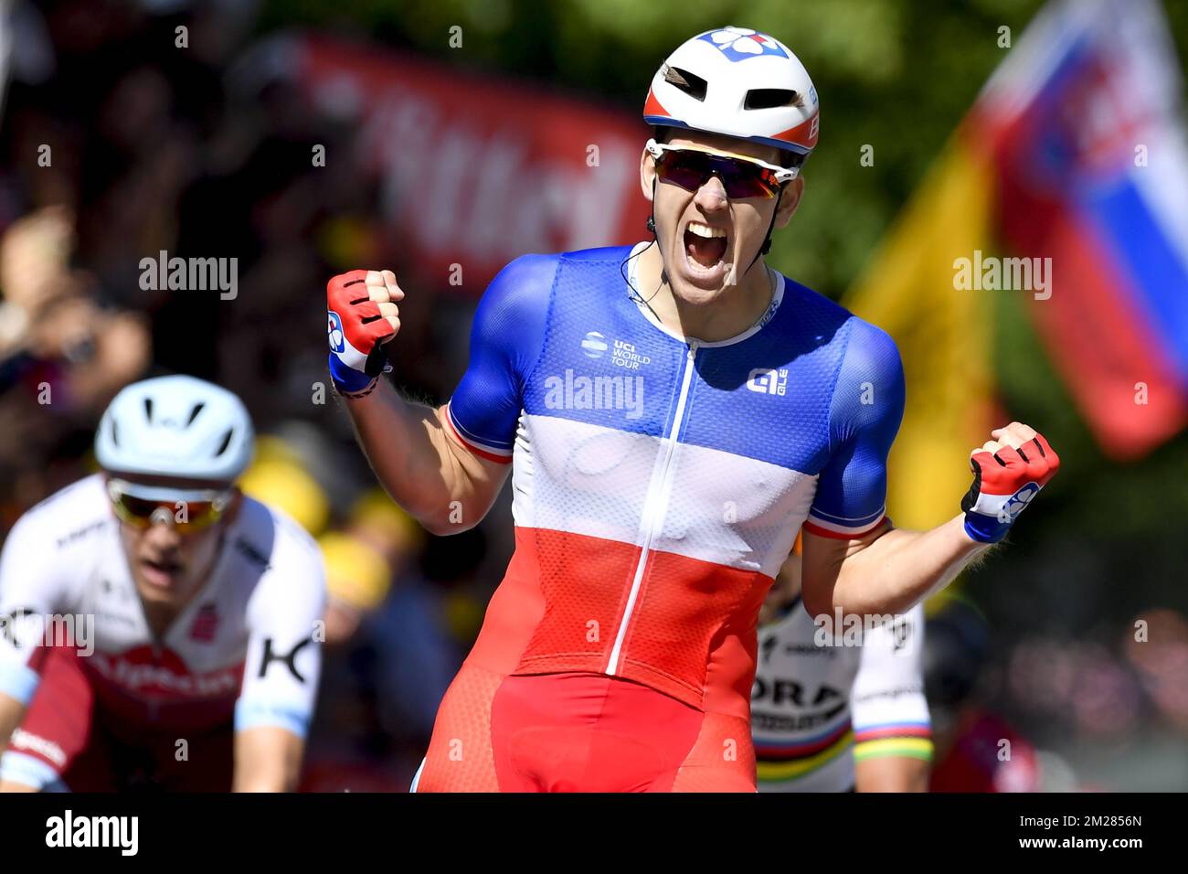 Français Arnaud Demare de FDJ célèbre sur la ligne d'arrivée après avoir remporté la quatrième étape de l'édition 104th de la course cycliste Tour de France, à 207,5 km de Mondorf-les-bains, Luxembourg, à Vittel, France, le mardi 04 juillet 2017. Le Tour de France de cette année a lieu du 1er juillet à 23 juillet. BELGA PHOTO DIRK WAEM Banque D'Images