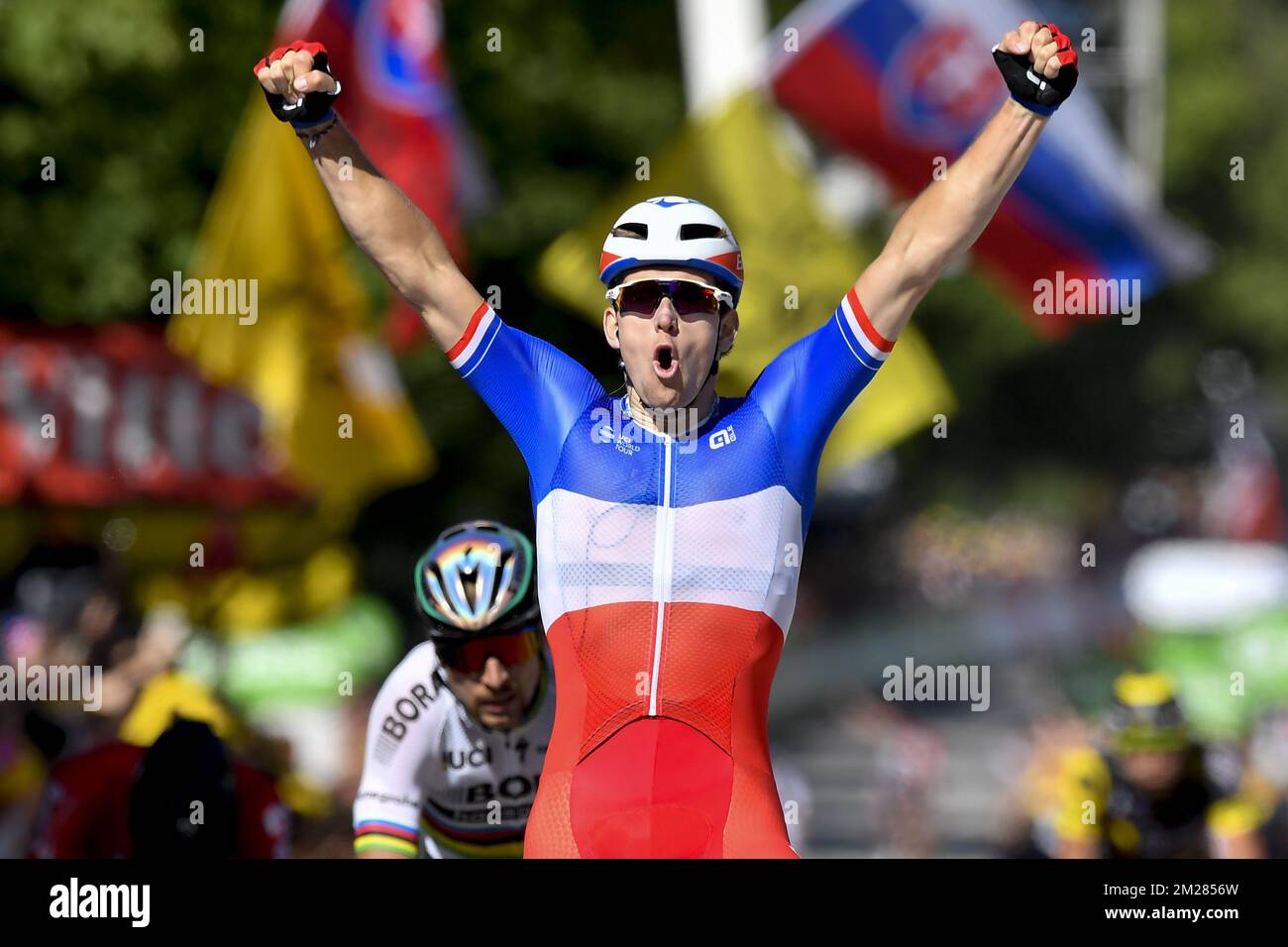 Français Arnaud Demare de FDJ célèbre sur la ligne d'arrivée après avoir remporté la quatrième étape de l'édition 104th de la course cycliste Tour de France, à 207,5 km de Mondorf-les-bains, Luxembourg, à Vittel, France, le mardi 04 juillet 2017. Le Tour de France de cette année a lieu du 1er juillet à 23 juillet. BELGA PHOTO DIRK WAEM Banque D'Images