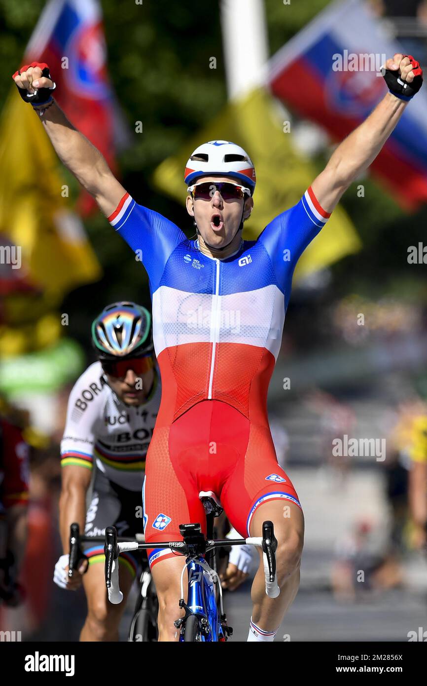 Français Arnaud Demare de FDJ célèbre sur la ligne d'arrivée après avoir remporté la quatrième étape de l'édition 104th de la course cycliste Tour de France, à 207,5 km de Mondorf-les-bains, Luxembourg, à Vittel, France, le mardi 04 juillet 2017. Le Tour de France de cette année a lieu du 1er juillet à 23 juillet. BELGA PHOTO DIRK WAEM Banque D'Images