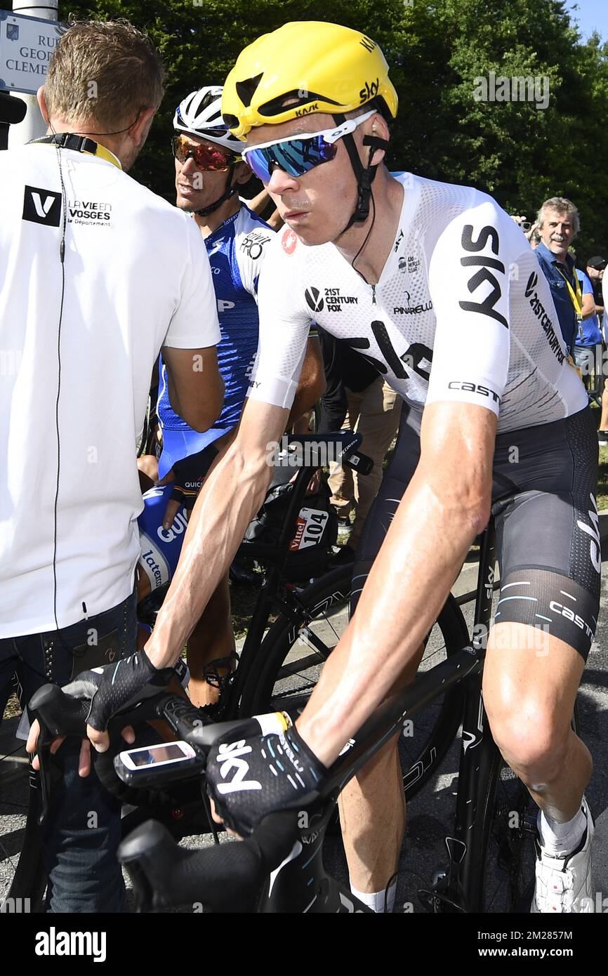 Britannique Chris Froome de Team Sky photographié après la quatrième étape de l'édition 104th de la course cycliste Tour de France, à 207,5 km de Mondorf-les-bains, Luxembourg, à Vittel, France, le mardi 04 juillet 2017. Le Tour de France de cette année a lieu du 1er juillet à 23 juillet. BELGA PHOTO YORICK JANSENS Banque D'Images