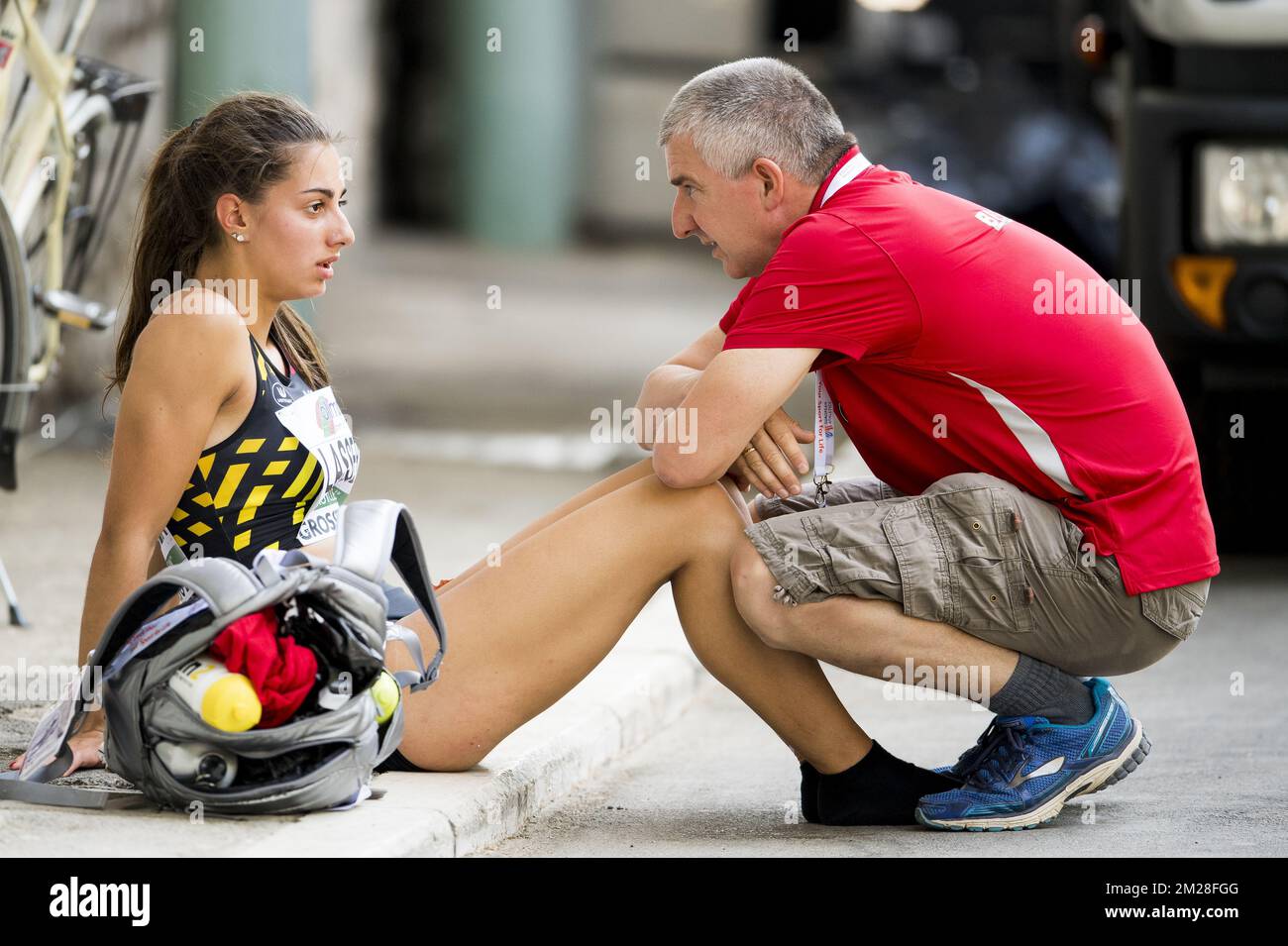 Elise Lasser Belge et Ludwig Cardon photographiés le premier jour des Championnats d'Europe d'athlétisme U20, à Grosseto, en Italie, le jeudi 20 juillet 2017. Cette année, les championnats biannuels pour les athlètes de 19 ans ou moins ont lieu du 20 au 23 juillet. BELGA PHOTO JASPER JACOBS Banque D'Images