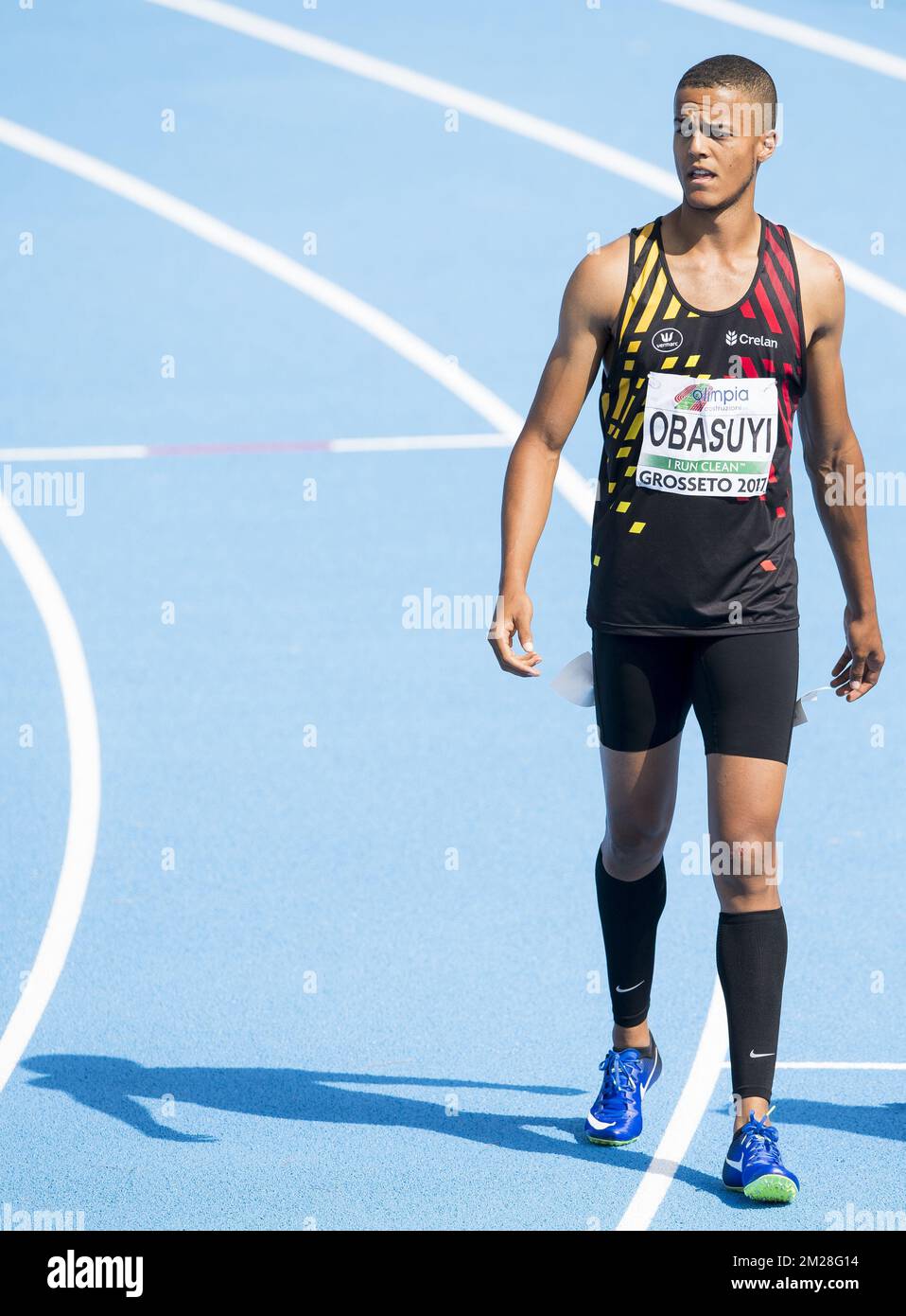 Le Belge Michael Obasuyi réagit après les 110m haies des hommes le deuxième jour des Championnats d'Europe d'athlétisme U20, à Grosseto, en Italie, le vendredi 21 juillet 2017. Cette année, les championnats biannuels pour les athlètes de 19 ans ou moins ont lieu du 20 au 23 juillet. BELGA PHOTO JASPER JACOBS Banque D'Images