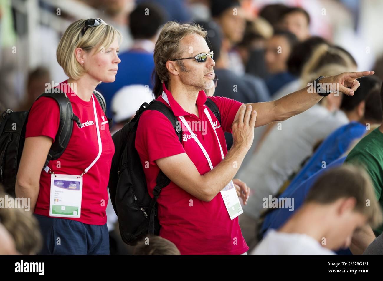Stephanie Noel et Max de Vylder photographiés pendant le deuxième jour des Championnats d'Europe d'athlétisme U20, à Grosseto, en Italie, le vendredi 21 juillet 2017. Cette année, les championnats biannuels pour les athlètes de 19 ans ou moins ont lieu du 20 au 23 juillet. BELGA PHOTO JASPER JACOBS Banque D'Images