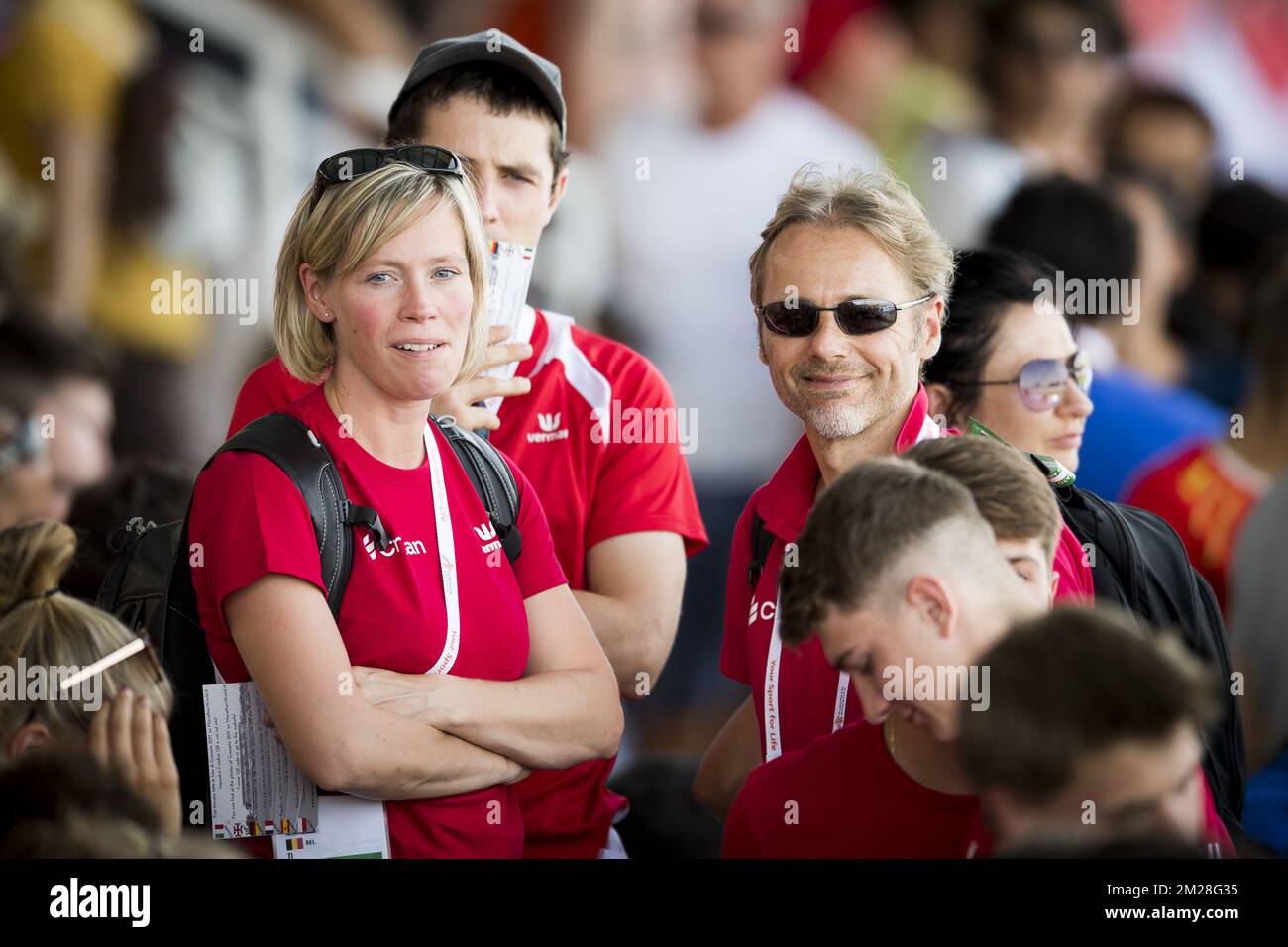 Stephanie Noel et Max de Vylder photographiés pendant le deuxième jour des Championnats d'Europe d'athlétisme U20, à Grosseto, en Italie, le vendredi 21 juillet 2017. Cette année, les championnats biannuels pour les athlètes de 19 ans ou moins ont lieu du 20 au 23 juillet. BELGA PHOTO JASPER JACOBS Banque D'Images