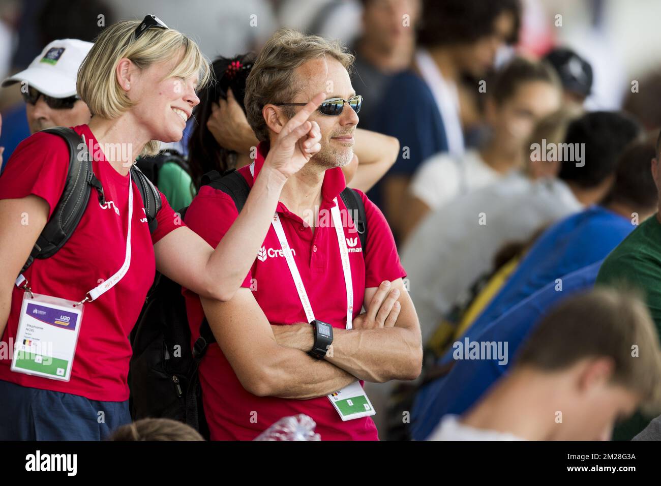 Stephanie Noel et Max de Vylder photographiés pendant le deuxième jour des Championnats d'Europe d'athlétisme U20, à Grosseto, en Italie, le vendredi 21 juillet 2017. Cette année, les championnats biannuels pour les athlètes de 19 ans ou moins ont lieu du 20 au 23 juillet. BELGA PHOTO JASPER JACOBS Banque D'Images