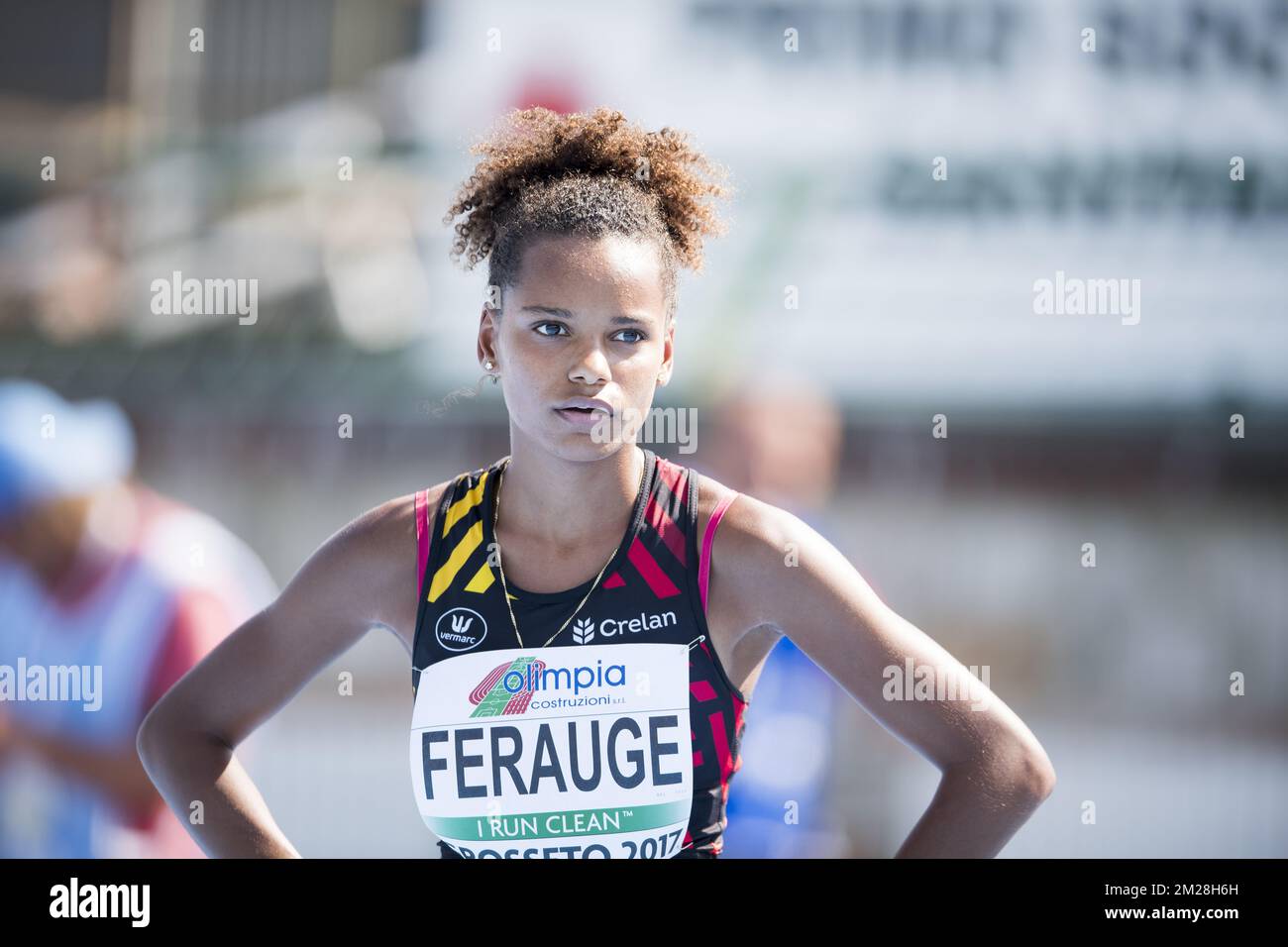 Belge Lucie Ferauge photographiée après le 200m féminin le troisième jour des Championnats d'Europe d'athlétisme U20, à Grosseto, Italie, samedi 22 juillet 2017. Cette année, les championnats biannuels pour les athlètes de 19 ans ou moins ont lieu du 20 au 23 juillet. BELGA PHOTO JASPER JACOBS Banque D'Images