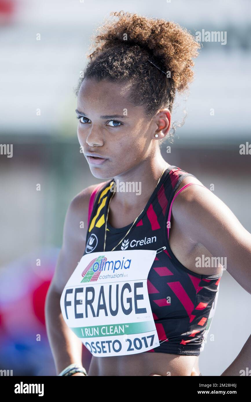 Belge Lucie Ferauge photographiée après le 200m féminin le troisième jour des Championnats d'Europe d'athlétisme U20, à Grosseto, Italie, samedi 22 juillet 2017. Cette année, les championnats biannuels pour les athlètes de 19 ans ou moins ont lieu du 20 au 23 juillet. BELGA PHOTO JASPER JACOBS Banque D'Images