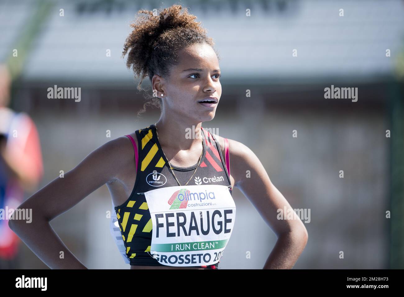 Belge Lucie Ferauge photographiée après le 200m féminin le troisième jour des Championnats d'Europe d'athlétisme U20, à Grosseto, Italie, samedi 22 juillet 2017. Cette année, les championnats biannuels pour les athlètes de 19 ans ou moins ont lieu du 20 au 23 juillet. BELGA PHOTO JASPER JACOBS Banque D'Images