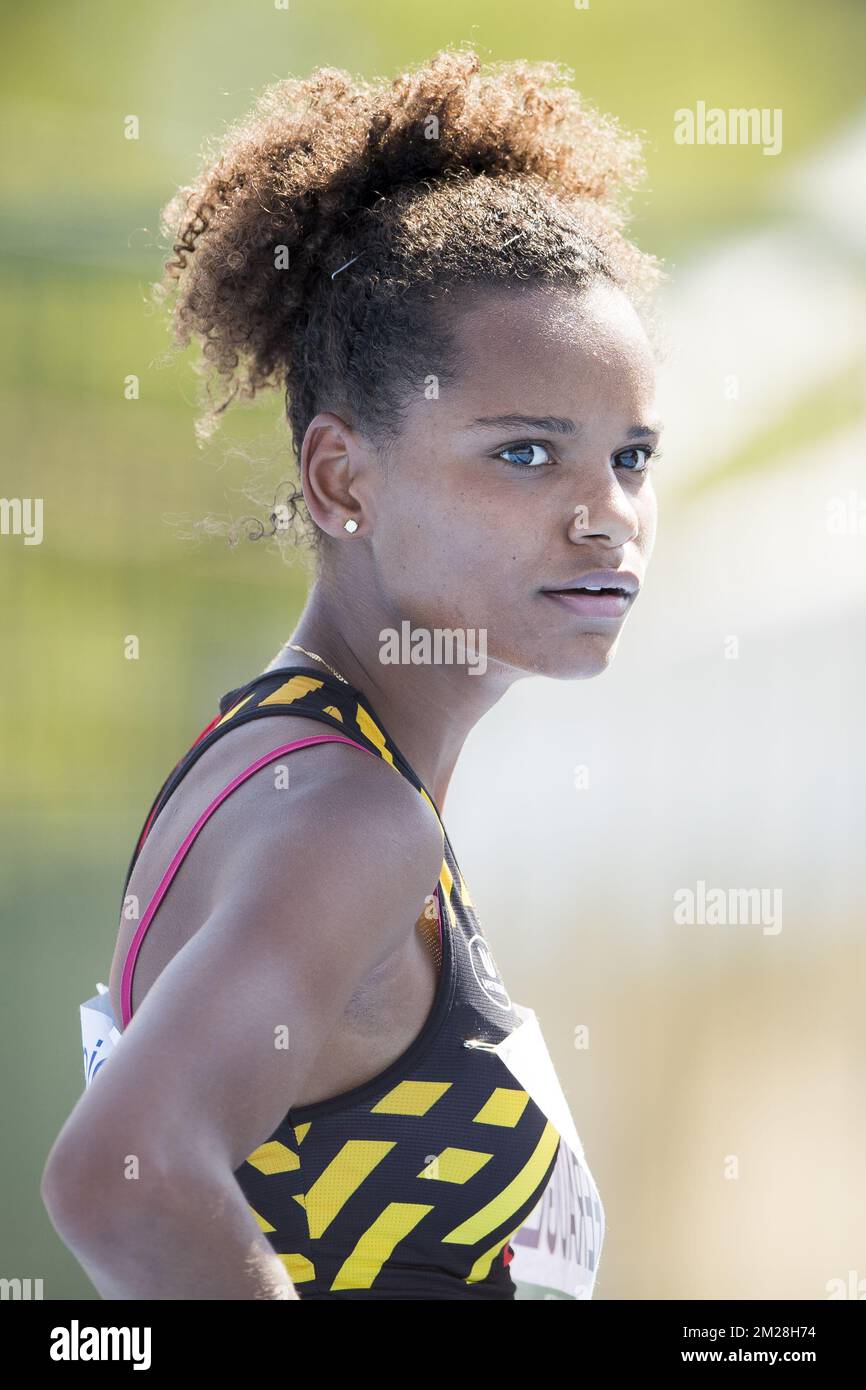 Belge Lucie Ferauge photographiée après le 200m féminin le troisième jour des Championnats d'Europe d'athlétisme U20, à Grosseto, Italie, samedi 22 juillet 2017. Cette année, les championnats biannuels pour les athlètes de 19 ans ou moins ont lieu du 20 au 23 juillet. BELGA PHOTO JASPER JACOBS Banque D'Images