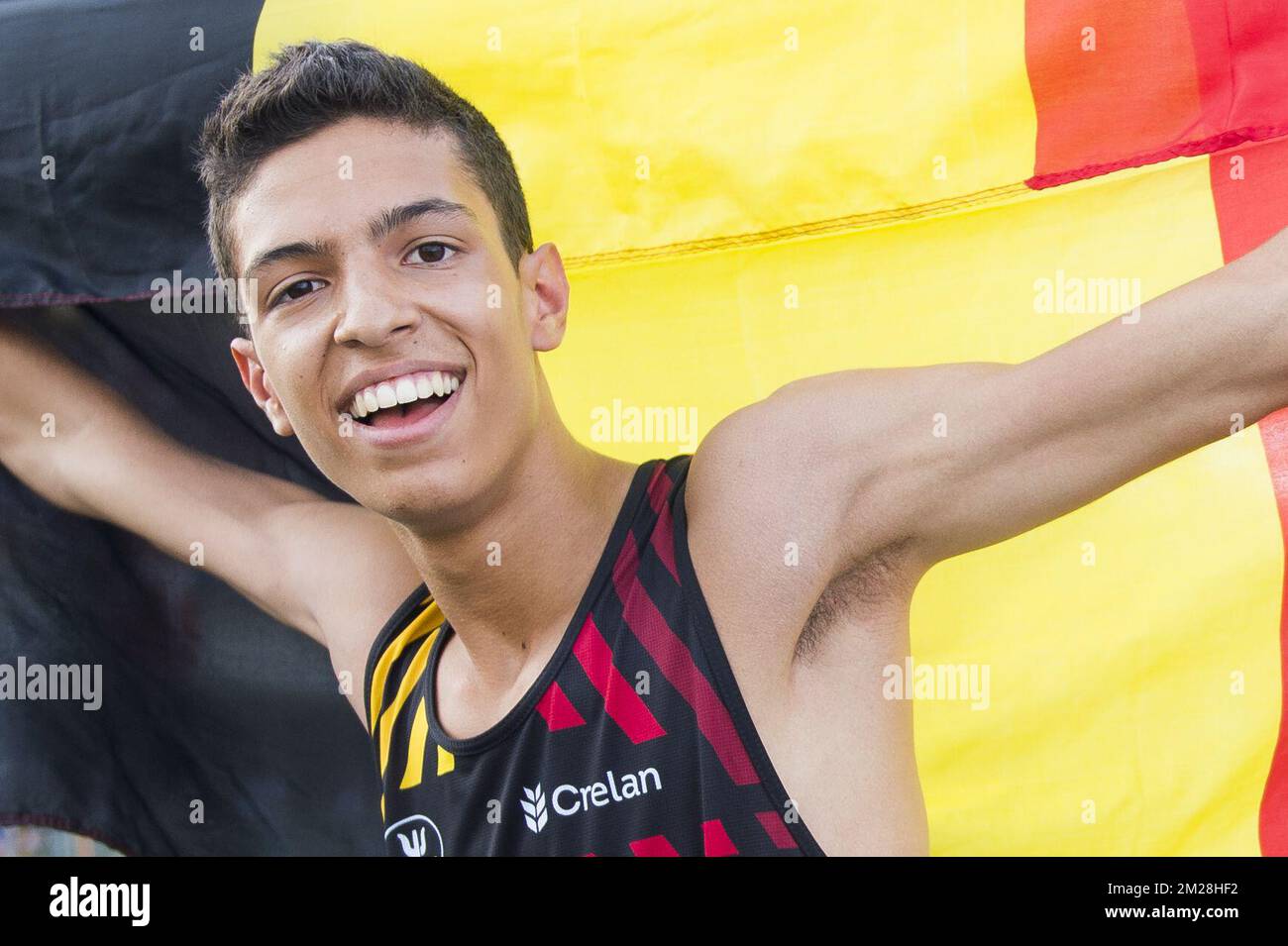 Le Belge Jonathan Sacoor célèbre après avoir remporté la médaille de bronze au 400m masculin le troisième jour des Championnats d'Europe d'athlétisme de U20, à Grosseto, en Italie, le samedi 22 juillet 2017. Cette année, les championnats biannuels pour les athlètes de 19 ans ou moins ont lieu du 20 au 23 juillet. BELGA PHOTO JASPER JACOBS Banque D'Images