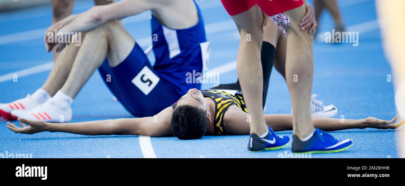 Le Belge Jonathan Sacoor réagit après le 400m masculin le troisième jour des Championnats d'Europe d'athlétisme U20, à Grosseto, en Italie, le samedi 22 juillet 2017. Cette année, les championnats biannuels pour les athlètes de 19 ans ou moins ont lieu du 20 au 23 juillet. BELGA PHOTO JASPER JACOBS Banque D'Images