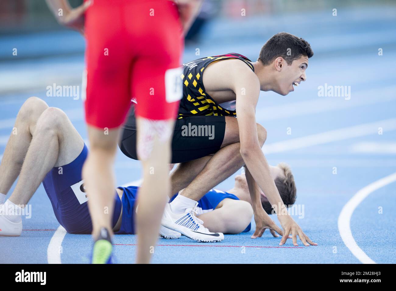 Le Belge Jonathan Sacoor réagit après le 400m masculin le troisième jour des Championnats d'Europe d'athlétisme U20, à Grosseto, en Italie, le samedi 22 juillet 2017. Cette année, les championnats biannuels pour les athlètes de 19 ans ou moins ont lieu du 20 au 23 juillet. BELGA PHOTO JASPER JACOBS Banque D'Images