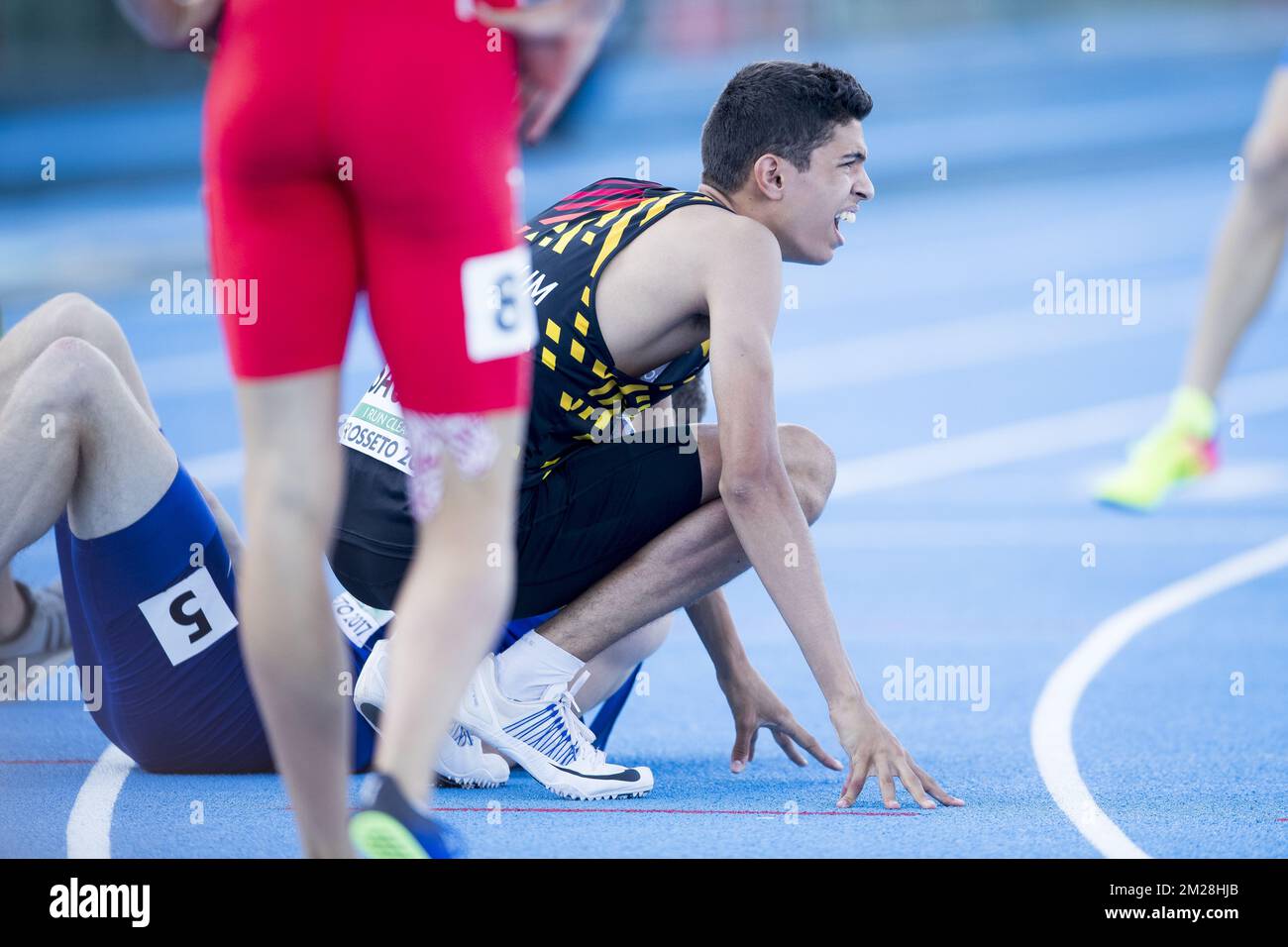 Le Belge Jonathan Sacoor réagit après le 400m masculin le troisième jour des Championnats d'Europe d'athlétisme U20, à Grosseto, en Italie, le samedi 22 juillet 2017. Cette année, les championnats biannuels pour les athlètes de 19 ans ou moins ont lieu du 20 au 23 juillet. BELGA PHOTO JASPER JACOBS Banque D'Images