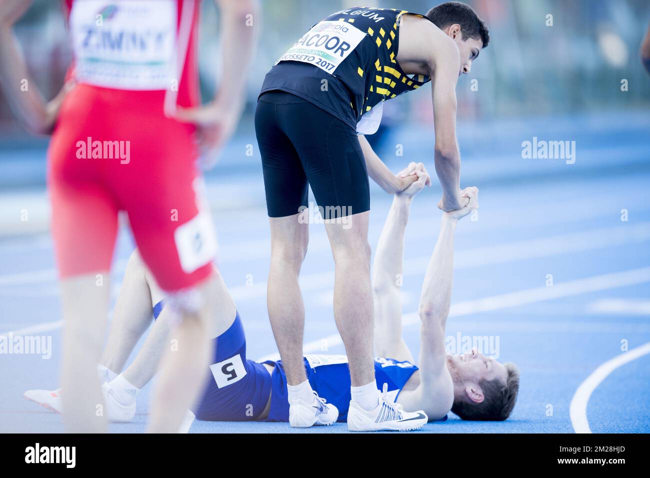 Le Belge Jonathan Sacoor réagit après le 400m masculin le troisième jour des Championnats d'Europe d'athlétisme U20, à Grosseto, en Italie, le samedi 22 juillet 2017. Cette année, les championnats biannuels pour les athlètes de 19 ans ou moins ont lieu du 20 au 23 juillet. BELGA PHOTO JASPER JACOBS Banque D'Images