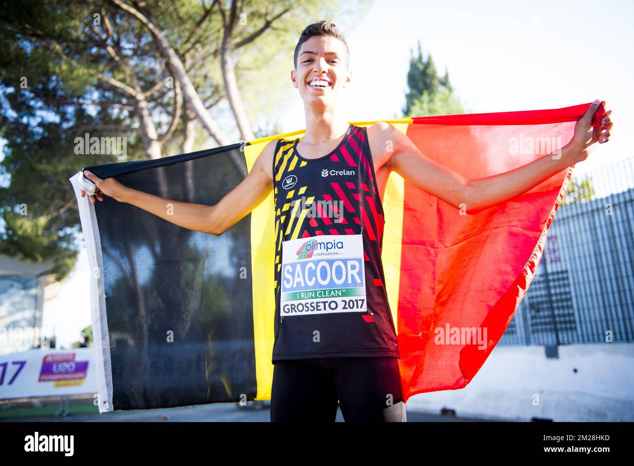 Le Belge Jonathan Sacoor célèbre après le 400m masculin le troisième jour des Championnats d'Europe d'athlétisme U20, à Grosseto, en Italie, le samedi 22 juillet 2017. Cette année, les championnats biannuels pour les athlètes de 19 ans ou moins ont lieu du 20 au 23 juillet. BELGA PHOTO JASPER JACOBS Banque D'Images