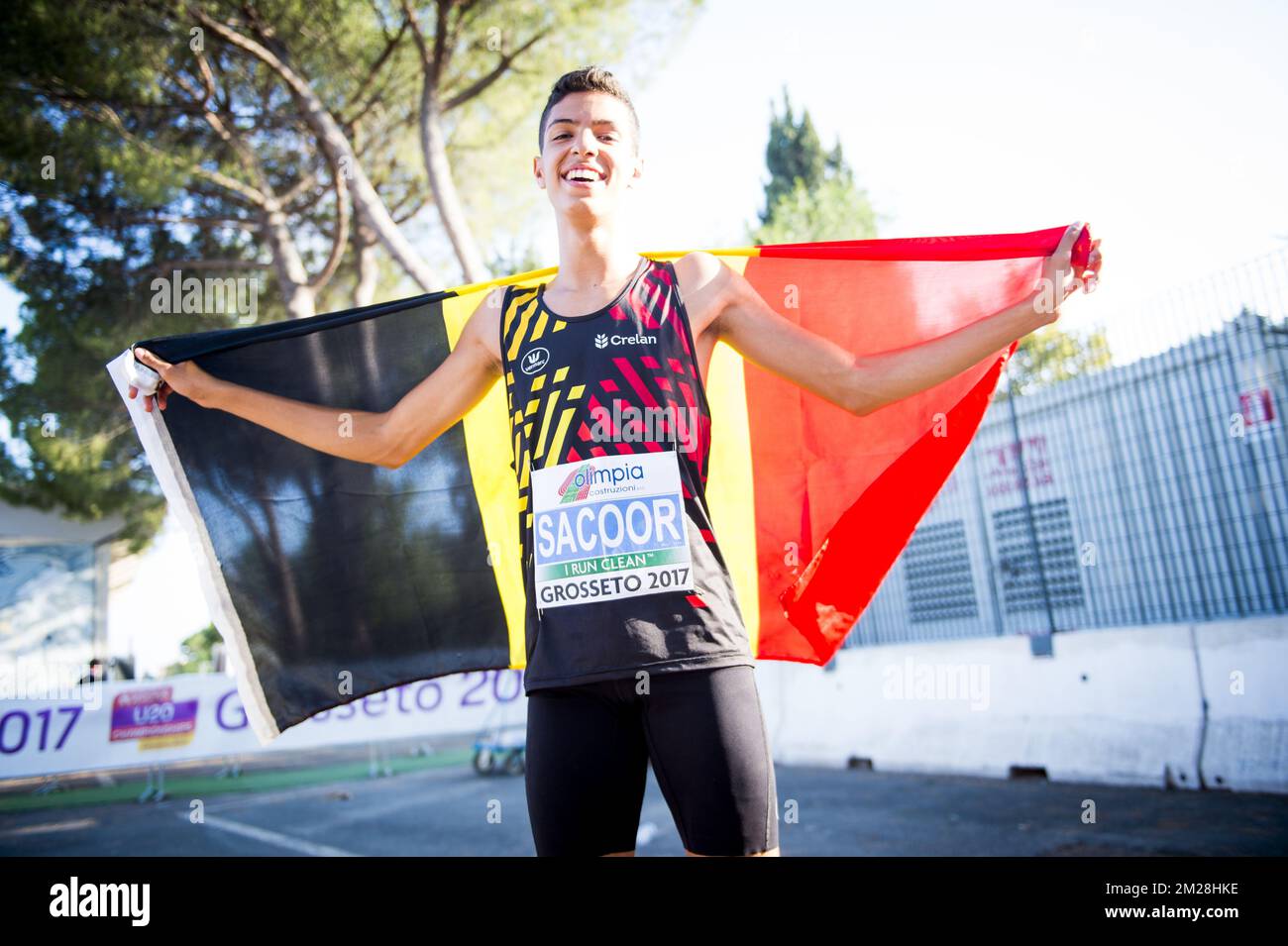 Le Belge Jonathan Sacoor célèbre après le 400m masculin le troisième jour des Championnats d'Europe d'athlétisme U20, à Grosseto, en Italie, le samedi 22 juillet 2017. Cette année, les championnats biannuels pour les athlètes de 19 ans ou moins ont lieu du 20 au 23 juillet. BELGA PHOTO JASPER JACOBS Banque D'Images