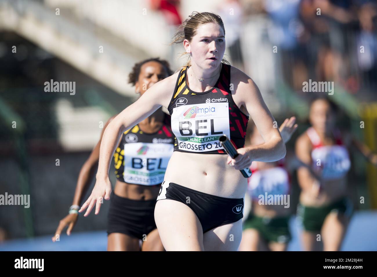 Hanne Claus belge photographié en action pendant le relais hommes 4x100m le quatrième jour des Championnats d'Europe Athlétisme U20, à Grosseto, Italie, dimanche 23 juillet 2017. Cette année, les championnats biannuels pour les athlètes de 19 ans ou moins ont lieu du 20 au 23 juillet. BELGA PHOTO JASPER JACOBS Banque D'Images
