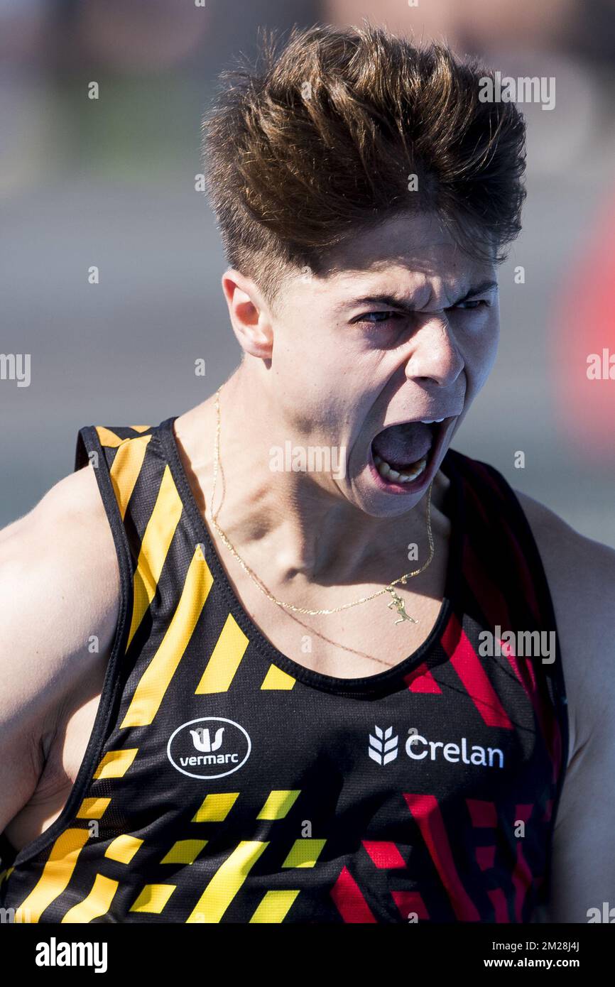 Jordan Pacot belge photographié en action pendant le relais hommes 4x100m le quatrième jour des Championnats d'Europe Athlétisme U20, à Grosseto, Italie, dimanche 23 juillet 2017. Cette année, les championnats biannuels pour les athlètes de 19 ans ou moins ont lieu du 20 au 23 juillet. BELGA PHOTO JASPER JACOBS Banque D'Images