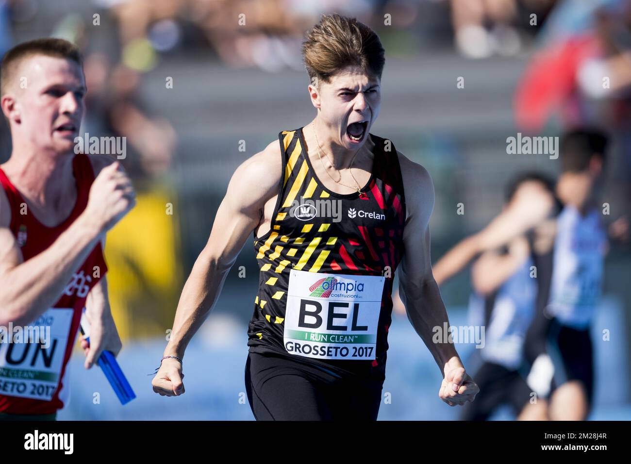 Jordan Pacot belge photographié en action pendant le relais hommes 4x100m le quatrième jour des Championnats d'Europe Athlétisme U20, à Grosseto, Italie, dimanche 23 juillet 2017. Cette année, les championnats biannuels pour les athlètes de 19 ans ou moins ont lieu du 20 au 23 juillet. BELGA PHOTO JASPER JACOBS Banque D'Images