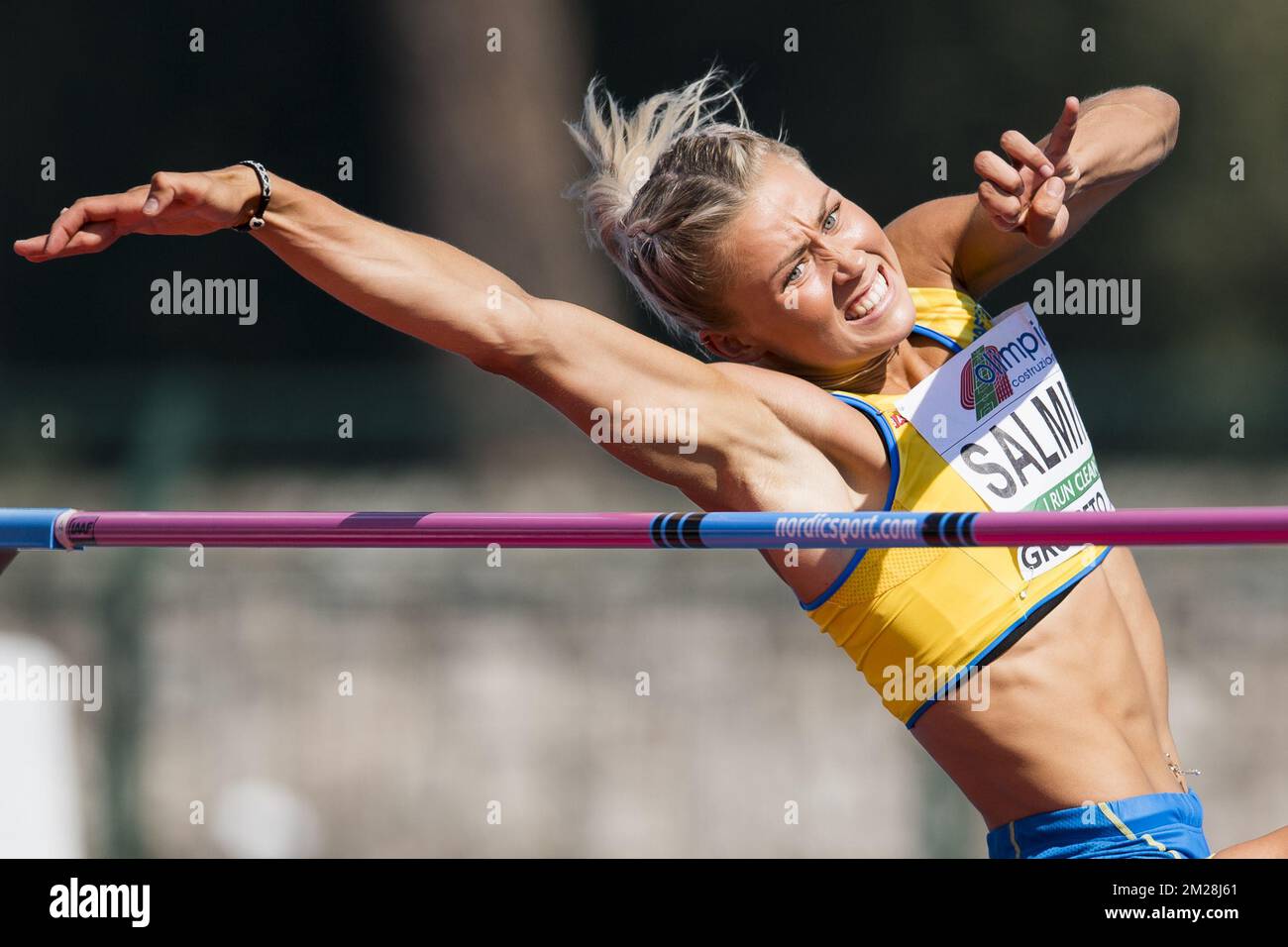 Bianca Salming photographiée en action lors de la compétition de saut en hauteur féminin le quatrième jour des Championnats d'Europe d'athlétisme U20, à Grosseto, Italie, dimanche 23 juillet 2017. Cette année, les championnats biannuels pour les athlètes de 19 ans ou moins ont lieu du 20 au 23 juillet. BELGA PHOTO JASPER JACOBS Banque D'Images