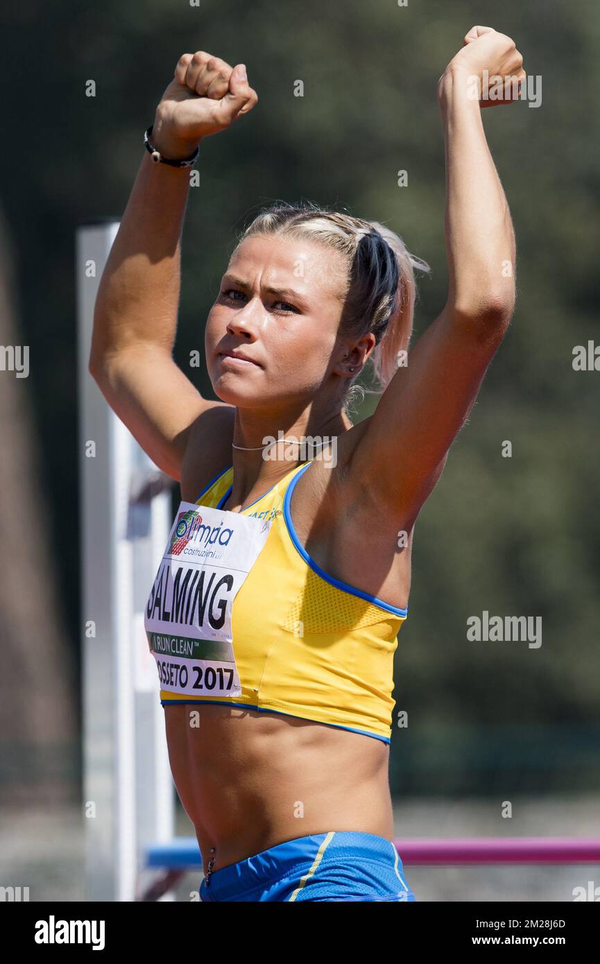 Bianca Salming photographiée en action lors de la compétition de saut en hauteur féminin le quatrième jour des Championnats d'Europe d'athlétisme U20, à Grosseto, Italie, dimanche 23 juillet 2017. Cette année, les championnats biannuels pour les athlètes de 19 ans ou moins ont lieu du 20 au 23 juillet. BELGA PHOTO JASPER JACOBS Banque D'Images