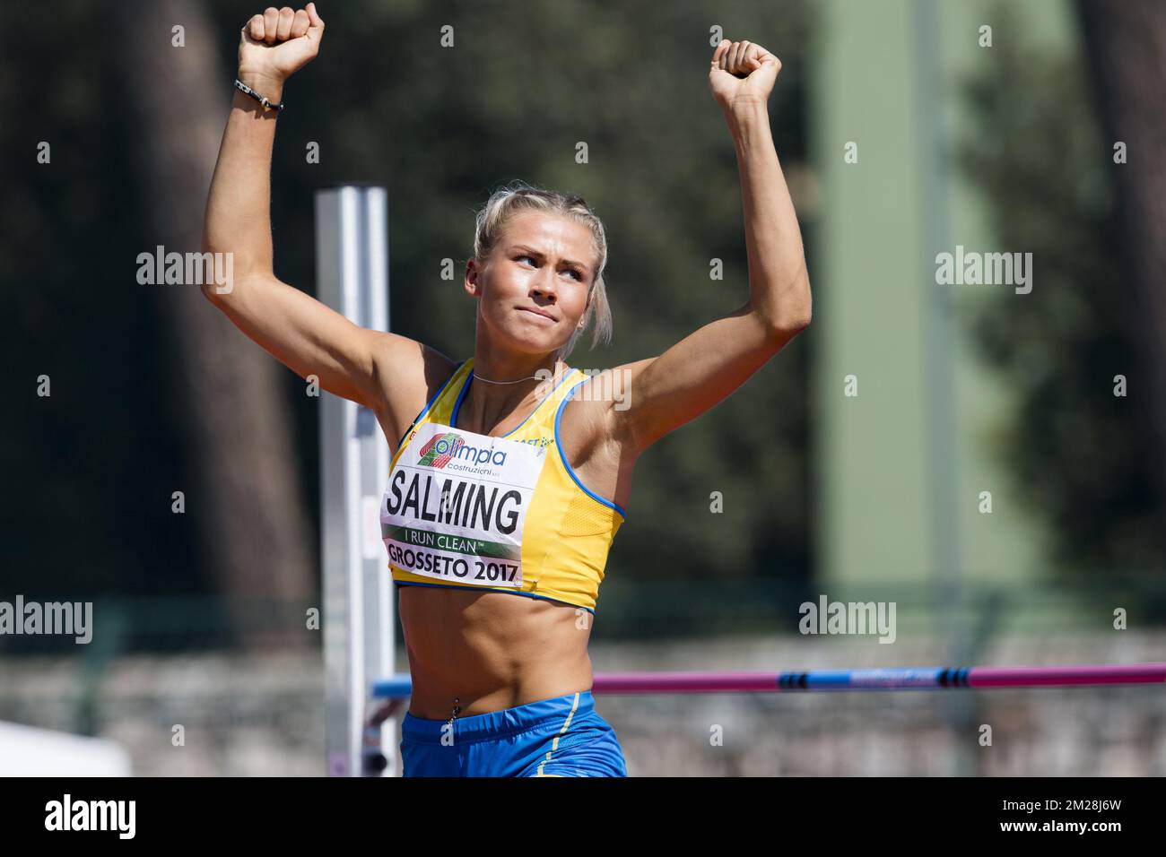 Bianca Salming photographiée en action lors de la compétition de saut en hauteur féminin le quatrième jour des Championnats d'Europe d'athlétisme U20, à Grosseto, Italie, dimanche 23 juillet 2017. Cette année, les championnats biannuels pour les athlètes de 19 ans ou moins ont lieu du 20 au 23 juillet. BELGA PHOTO JASPER JACOBS Banque D'Images