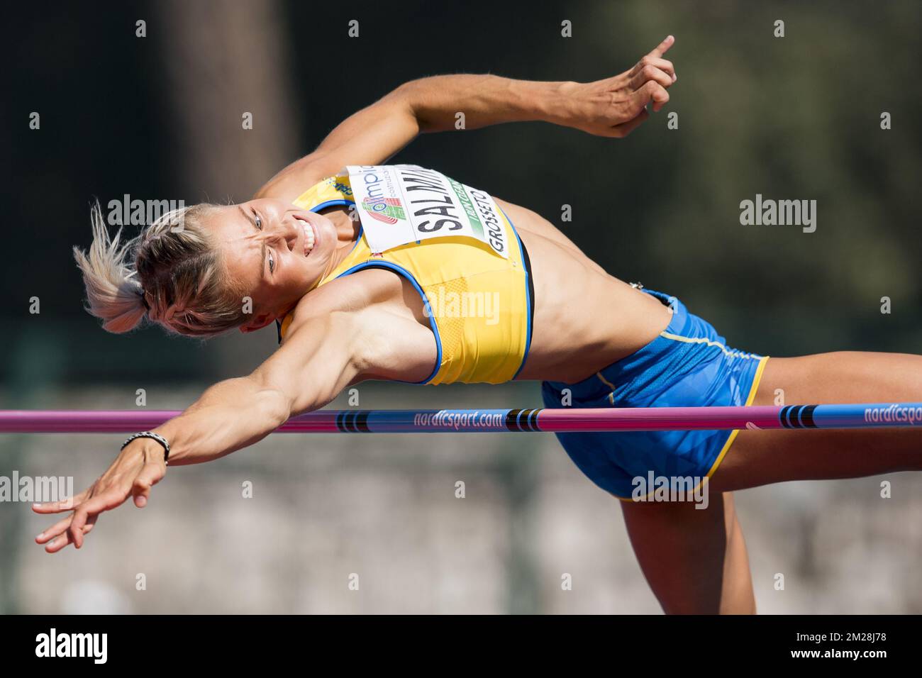 Bianca Salming photographiée en action lors de la compétition de saut en hauteur féminin le quatrième jour des Championnats d'Europe d'athlétisme U20, à Grosseto, Italie, dimanche 23 juillet 2017. Cette année, les championnats biannuels pour les athlètes de 19 ans ou moins ont lieu du 20 au 23 juillet. BELGA PHOTO JASPER JACOBS Banque D'Images