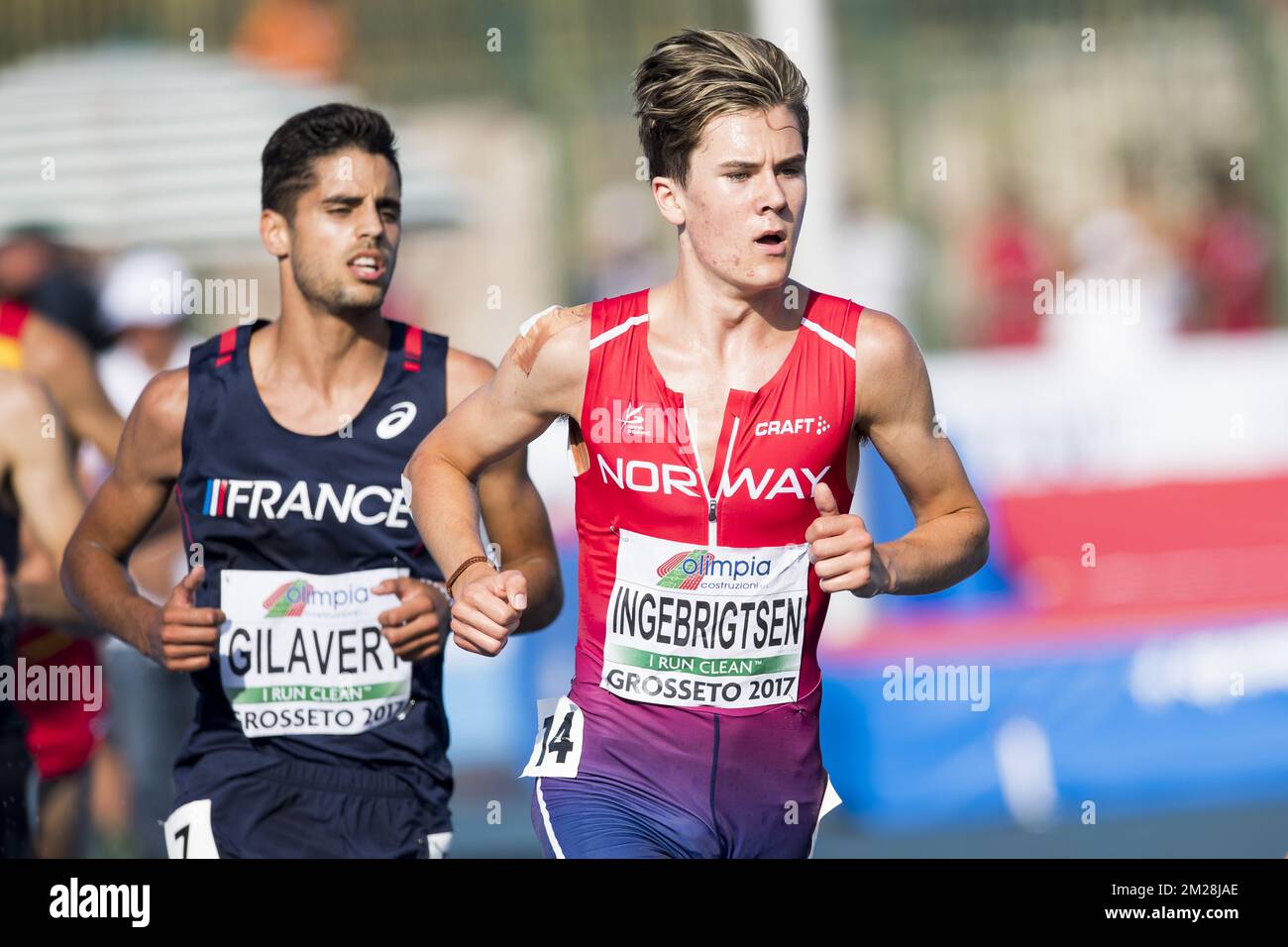 Jakob Ingebrigtsen photographié en action pendant le clocher masculin de 3000m le quatrième jour des Championnats d'Europe d'athlétisme de U20, à Grosseto, Italie, dimanche 23 juillet 2017. Cette année, les championnats biannuels pour les athlètes de 19 ans ou moins ont lieu du 20 au 23 juillet. BELGA PHOTO JASPER JACOBS Banque D'Images