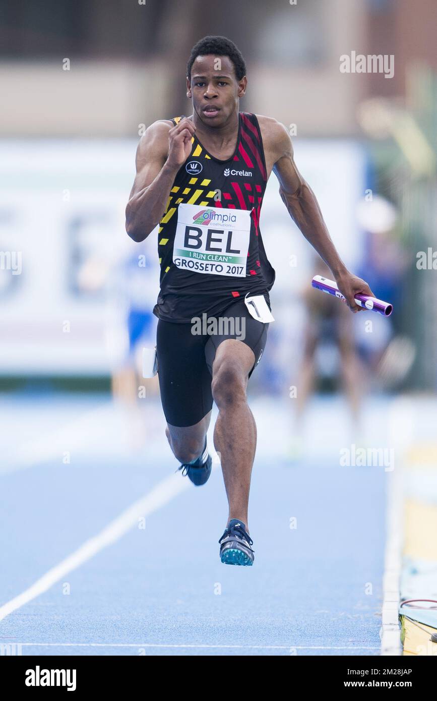 Raphael Kapenda belge photographié en action pendant le relais hommes 4x100m le quatrième jour des Championnats d'Europe Athlétisme U20, à Grosseto, Italie, dimanche 23 juillet 2017. Cette année, les championnats biannuels pour les athlètes de 19 ans ou moins ont lieu du 20 au 23 juillet. BELGA PHOTO JASPER JACOBS Banque D'Images