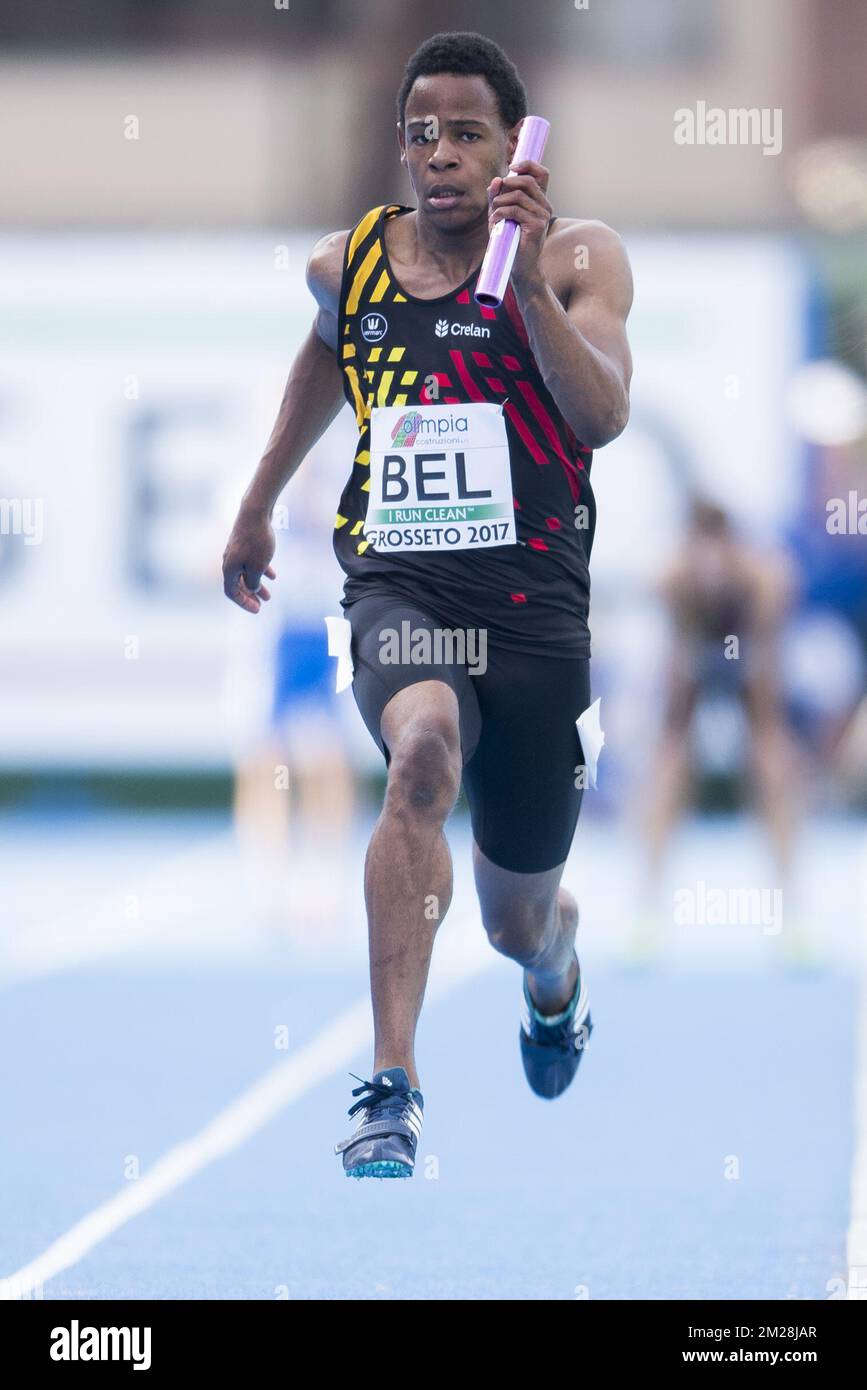 Raphael Kapenda belge photographié en action pendant le relais hommes 4x100m le quatrième jour des Championnats d'Europe Athlétisme U20, à Grosseto, Italie, dimanche 23 juillet 2017. Cette année, les championnats biannuels pour les athlètes de 19 ans ou moins ont lieu du 20 au 23 juillet. BELGA PHOTO JASPER JACOBS Banque D'Images