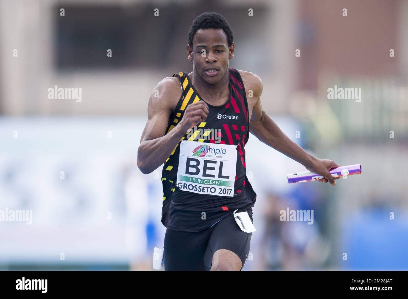 Raphael Kapenda belge photographié en action pendant le relais hommes 4x100m le quatrième jour des Championnats d'Europe Athlétisme U20, à Grosseto, Italie, dimanche 23 juillet 2017. Cette année, les championnats biannuels pour les athlètes de 19 ans ou moins ont lieu du 20 au 23 juillet. BELGA PHOTO JASPER JACOBS Banque D'Images