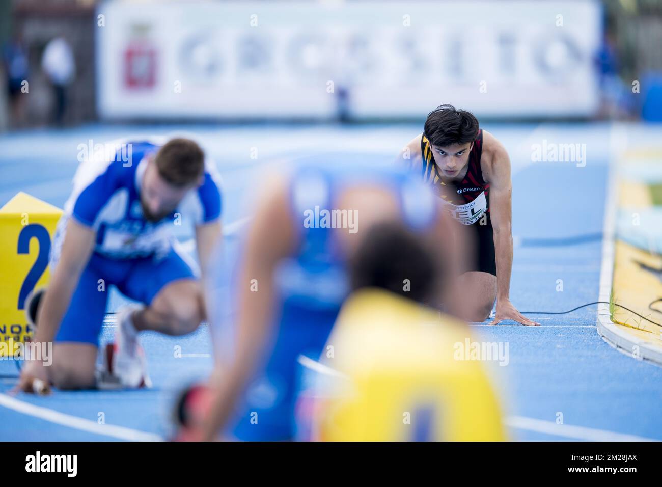 Marvin Nicque belge photographié pendant le relais hommes 4x100m le quatrième jour des Championnats d'Europe d'athlétisme U20, à Grosseto, Italie, dimanche 23 juillet 2017. Cette année, les championnats biannuels pour les athlètes de 19 ans ou moins ont lieu du 20 au 23 juillet. BELGA PHOTO JASPER JACOBS Banque D'Images