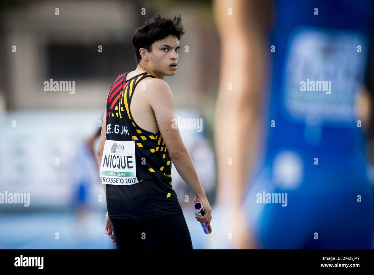 Marvin Nicque belge photographié pendant le relais hommes 4x100m le quatrième jour des Championnats d'Europe d'athlétisme U20, à Grosseto, Italie, dimanche 23 juillet 2017. Cette année, les championnats biannuels pour les athlètes de 19 ans ou moins ont lieu du 20 au 23 juillet. BELGA PHOTO JASPER JACOBS Banque D'Images