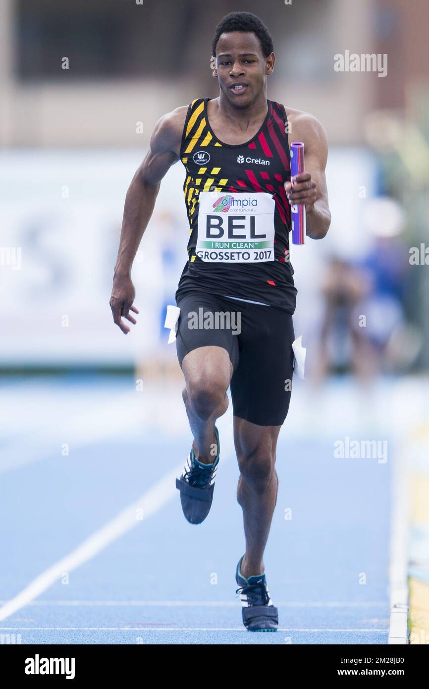 Raphael Kapenda belge photographié en action pendant le relais hommes 4x100m le quatrième jour des Championnats d'Europe Athlétisme U20, à Grosseto, Italie, dimanche 23 juillet 2017. Cette année, les championnats biannuels pour les athlètes de 19 ans ou moins ont lieu du 20 au 23 juillet. BELGA PHOTO JASPER JACOBS Banque D'Images