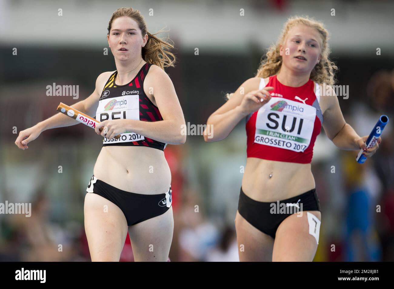 Hanne Claus belge photographié en action pendant le relais féminin 4x100m le quatrième jour des Championnats d'Europe d'athlétisme U20, à Grosseto, Italie, dimanche 23 juillet 2017. Cette année, les championnats biannuels pour les athlètes de 19 ans ou moins ont lieu du 20 au 23 juillet. BELGA PHOTO JASPER JACOBS Banque D'Images