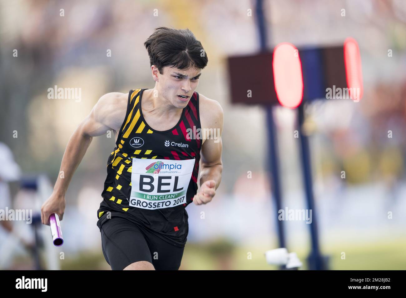 Marvin Nicque belge photographié pendant le relais hommes 4x100m le quatrième jour des Championnats d'Europe d'athlétisme U20, à Grosseto, Italie, dimanche 23 juillet 2017. Cette année, les championnats biannuels pour les athlètes de 19 ans ou moins ont lieu du 20 au 23 juillet. BELGA PHOTO JASPER JACOBS Banque D'Images