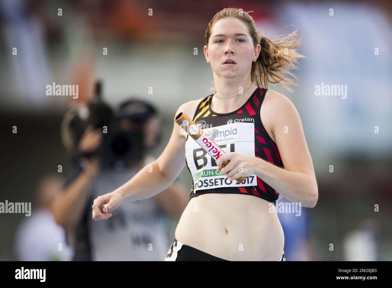 Hanne Claus belge photographié en action pendant le relais féminin 4x100m le quatrième jour des Championnats d'Europe d'athlétisme U20, à Grosseto, Italie, dimanche 23 juillet 2017. Cette année, les championnats biannuels pour les athlètes de 19 ans ou moins ont lieu du 20 au 23 juillet. BELGA PHOTO JASPER JACOBS Banque D'Images