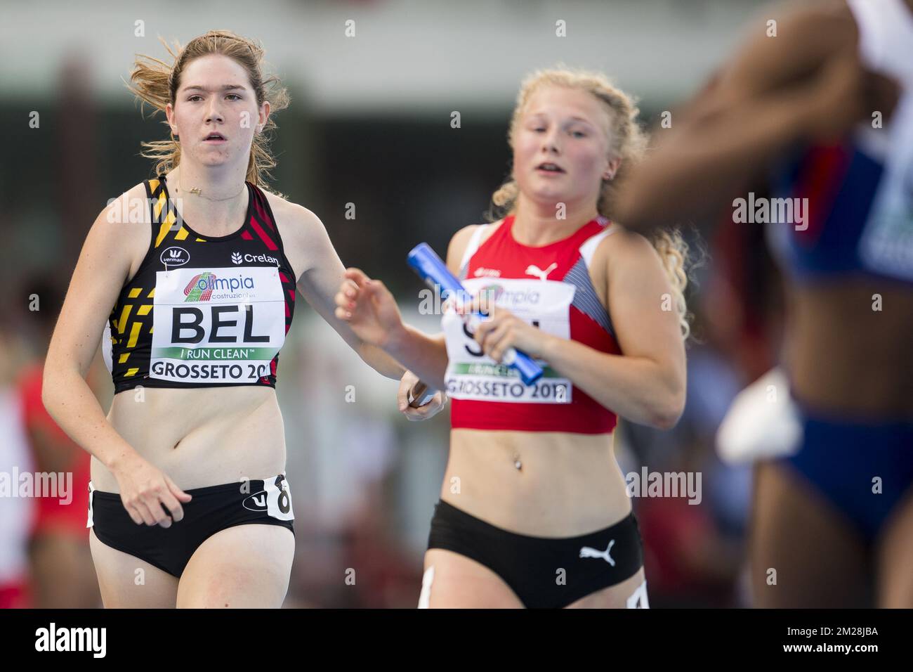 Hanne Claus belge photographié en action pendant le relais féminin 4x100m le quatrième jour des Championnats d'Europe d'athlétisme U20, à Grosseto, Italie, dimanche 23 juillet 2017. Cette année, les championnats biannuels pour les athlètes de 19 ans ou moins ont lieu du 20 au 23 juillet. BELGA PHOTO JASPER JACOBS Banque D'Images