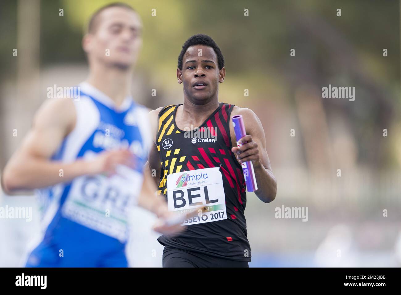 Raphael Kapenda belge photographié en action pendant le relais hommes 4x100m le quatrième jour des Championnats d'Europe Athlétisme U20, à Grosseto, Italie, dimanche 23 juillet 2017. Cette année, les championnats biannuels pour les athlètes de 19 ans ou moins ont lieu du 20 au 23 juillet. BELGA PHOTO JASPER JACOBS Banque D'Images