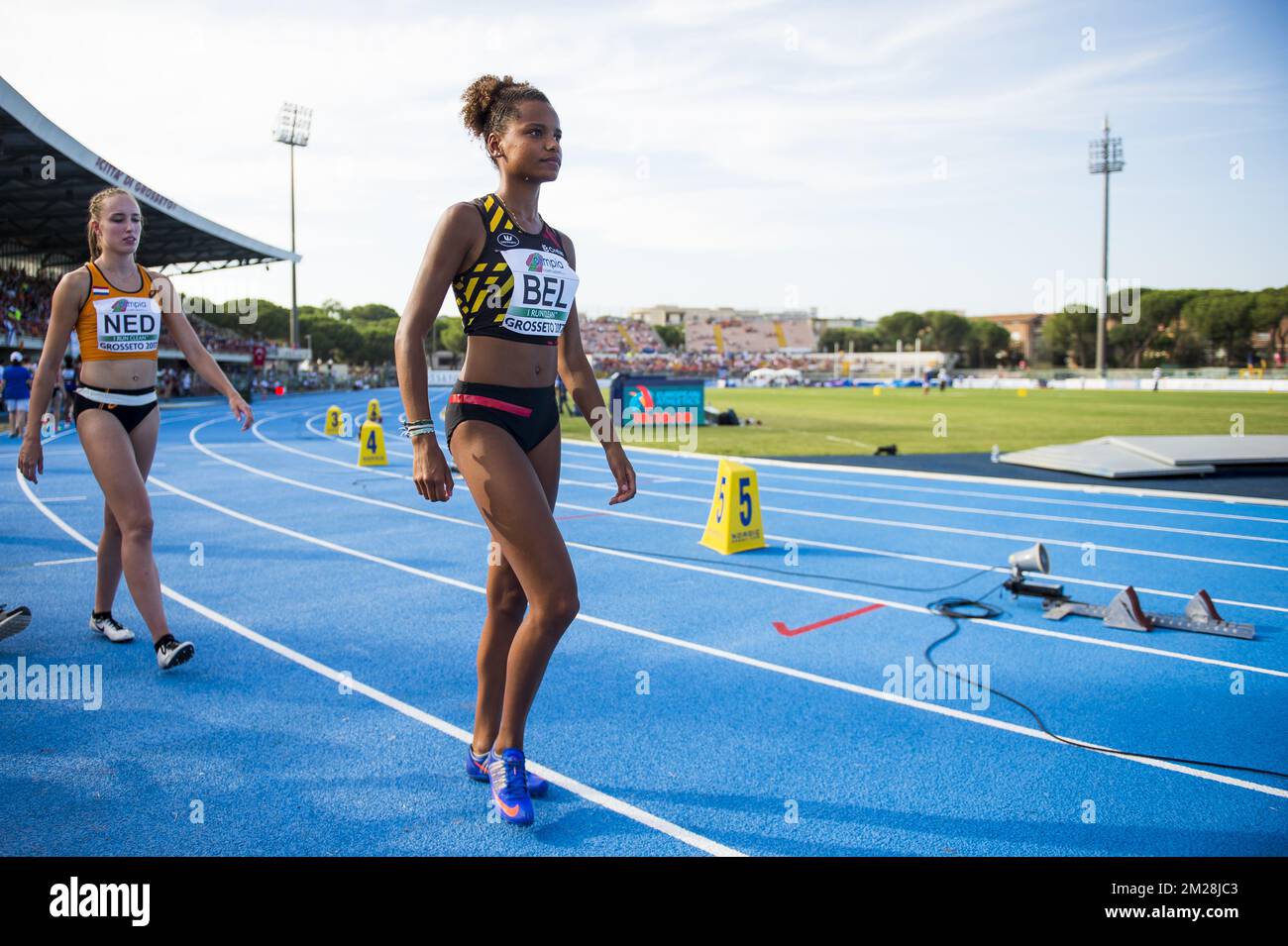 Belge Lucie Ferauge photographiée pendant le quatrième jour des Championnats d'Europe d'athlétisme U20, à Grosseto, Italie, dimanche 23 juillet 2017. Cette année, les championnats biannuels pour les athlètes de 19 ans ou moins ont lieu du 20 au 23 juillet. BELGA PHOTO JASPER JACOBS Banque D'Images