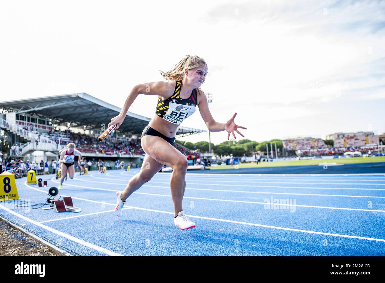 Les Laures Bauwens belges photographiés en action pendant le relais hommes 4x100m le quatrième jour des Championnats d'Europe Athlétisme U20, à Grosseto, Italie, dimanche 23 juillet 2017. Cette année, les championnats biannuels pour les athlètes de 19 ans ou moins ont lieu du 20 au 23 juillet. BELGA PHOTO JASPER JACOBS Banque D'Images