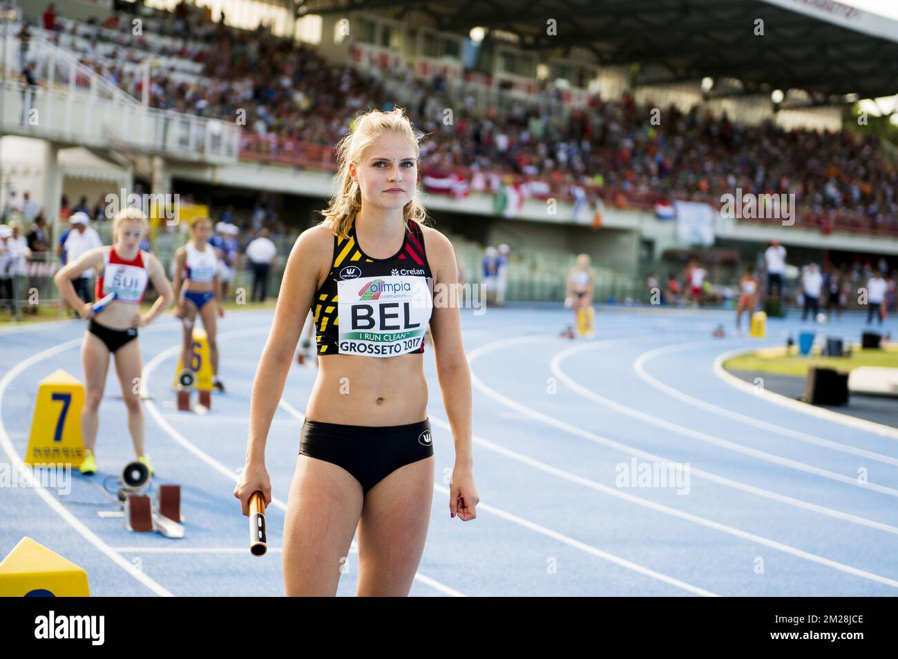 Les Laures Bauwens belges photographiés en action pendant le relais hommes 4x100m le quatrième jour des Championnats d'Europe Athlétisme U20, à Grosseto, Italie, dimanche 23 juillet 2017. Cette année, les championnats biannuels pour les athlètes de 19 ans ou moins ont lieu du 20 au 23 juillet. BELGA PHOTO JASPER JACOBS Banque D'Images