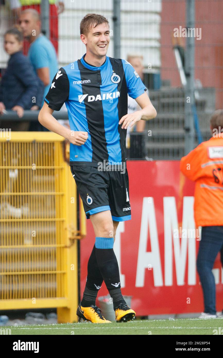 Bjorn Engels du Club célèbre après avoir marqué le match Jupiler Pro League  entre Sporting Lokeren et le Club Brugge, à Lokeren, le samedi 29 juillet  2017, le premier jour de la