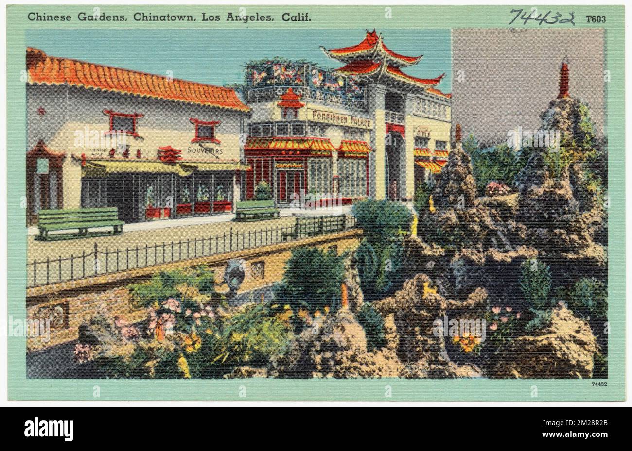 Jardins chinois, Chinatown, Los Angeles, Californie , Villes et villages, Collection Tichnor Brothers, cartes postales des États-Unis Banque D'Images