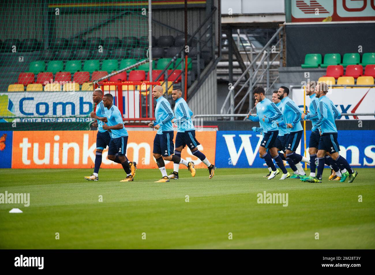 Les joueurs de Marseille photographiés lors d'une session d'entraînement du club olympique français Marseille (OM) avant le match de retour du troisième tour de qualifications pour la compétition UEFA Europa League, jeudi 02 août 2018 à Ostende. KV Oostende joue contre les Jeux Olympiques de Marseille jeudi. Marseille a gagné 4-2 la première étape. BELGA PHOTO KURT DESPLENTER Banque D'Images