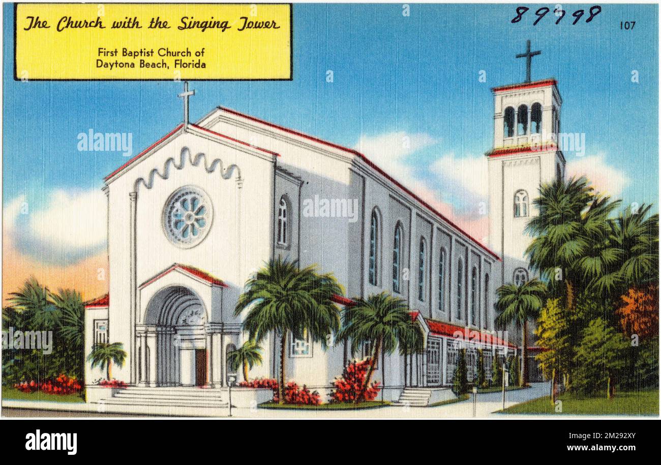 L'église avec la tour de chant, première église baptiste de Daytona Beach, Floride , Églises, Collection des frères Tichnor, cartes postales des États-Unis Banque D'Images