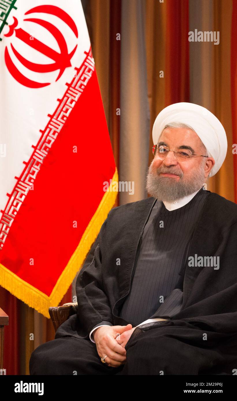 Le Président iranien Hassan Rouhani en photo lors d'une rencontre avec le Premier Ministre belge lors de la session de 72th de l'Assemblée générale des Nations Unies, à New York, le mardi 19 septembre 2017. BELGA PHOTO BENOIT DOPPAGNE Banque D'Images