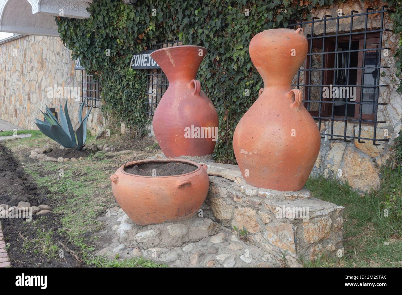 GUATAVITA, COLOMBIE - pots de fleurs en céramique géantes orange dans un jardin de ville avec des plantes grimpantes en arrière-plan. Banque D'Images